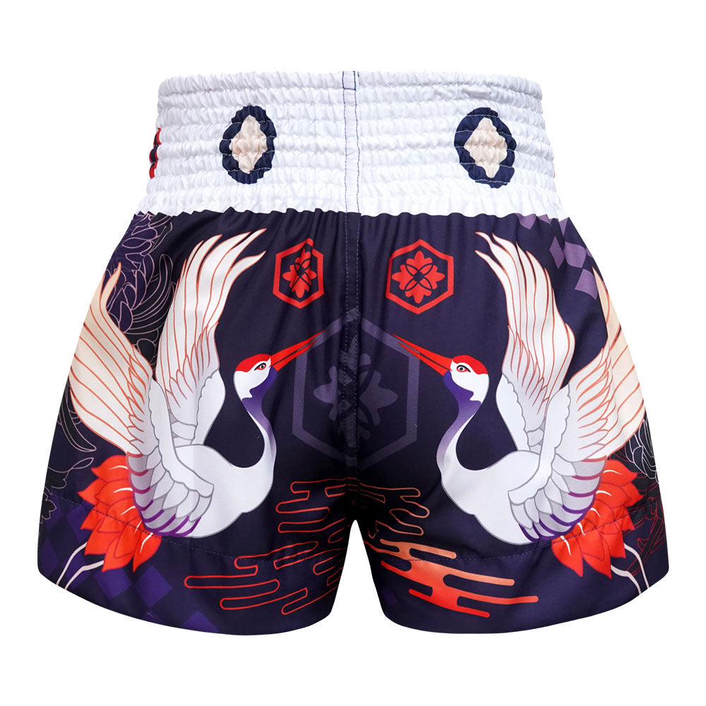 MS639 TUFF Muay Thai Shorts Navy Blue Japanese Drawing Crane Birds
