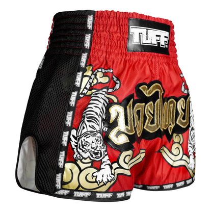 MSC122 TUFF Muaythai Shorts Retro Style Red Twin Tiger